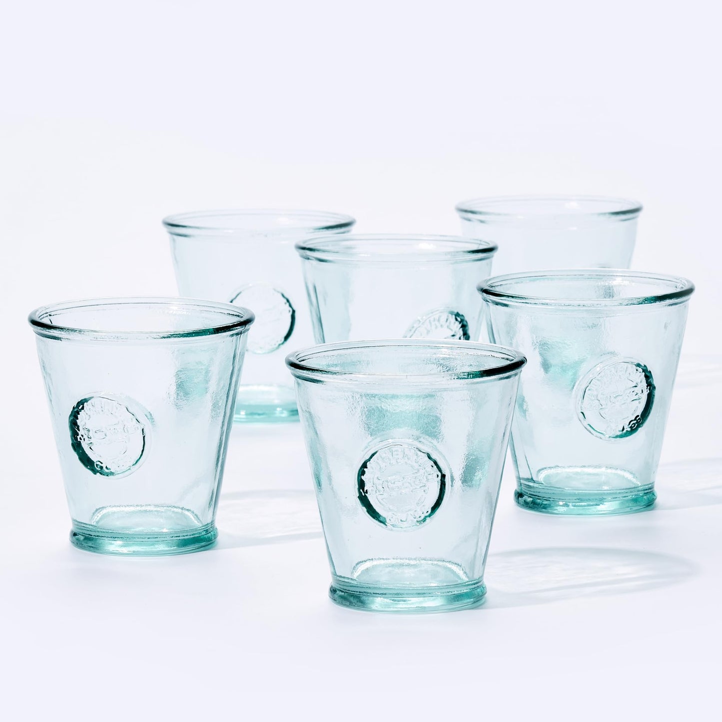 DESIGNED BY VSM 8oz Drinking Glasses Made Of 100% Recycled Glass Set Of 6 Small Authentic Embossed Old Fashioned Glasses Ideal for Water Milk Juice Whisky espressos Made In Spain.
