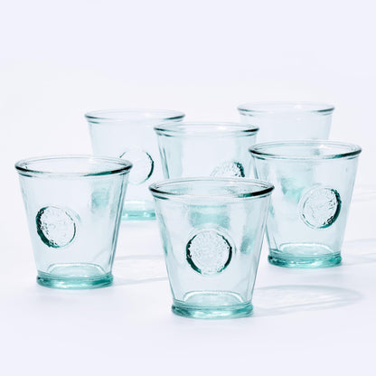 DESIGNED BY VSM 8oz Drinking Glasses Made Of 100% Recycled Glass Set Of 6 Small Authentic Embossed Old Fashioned Glasses Ideal for Water Milk Juice Whisky espressos Made In Spain.